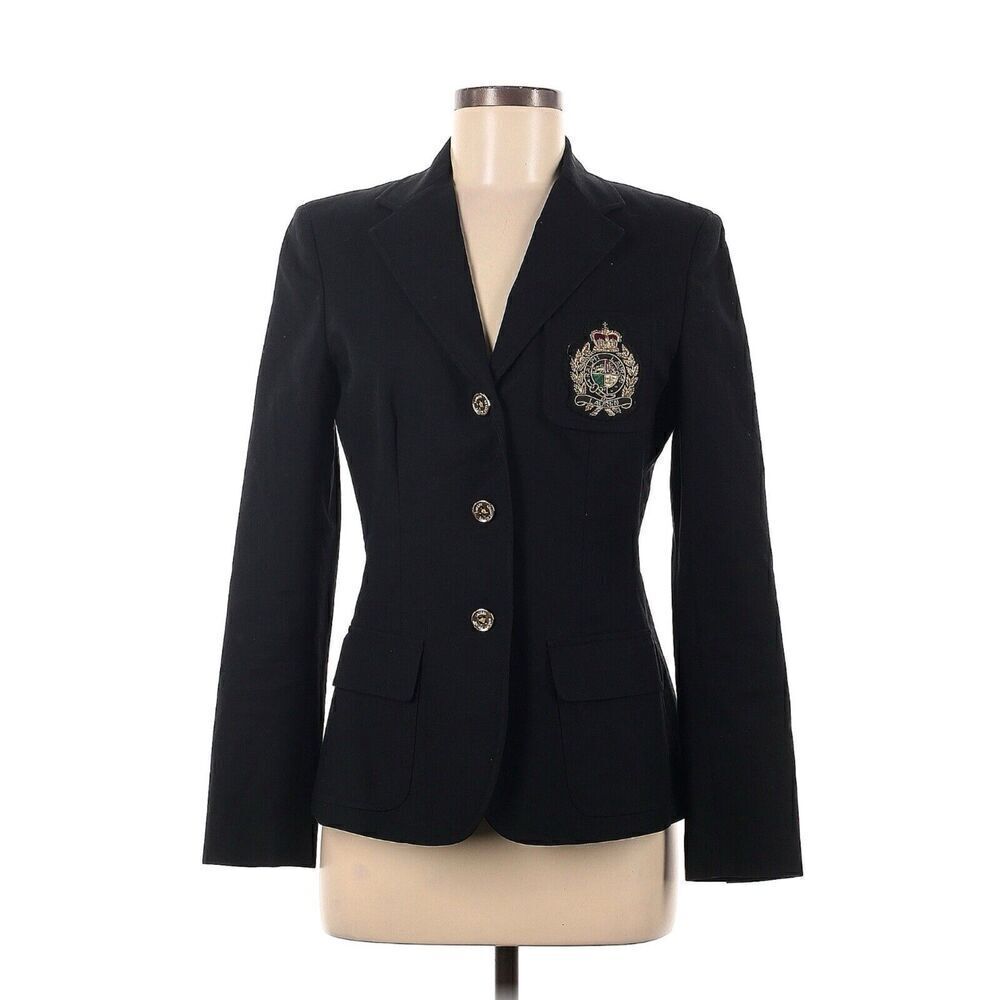 Ralph Lauren Vintage Embroidered Crest Blazer Black Gold Buttons Size 6